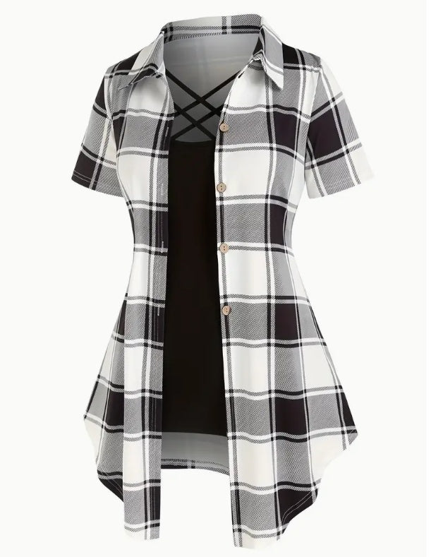 Unity AB Splicing Collar Turn-D2 In 1 Plaid Short-Sleeved T-Shirt - BabynBeauty