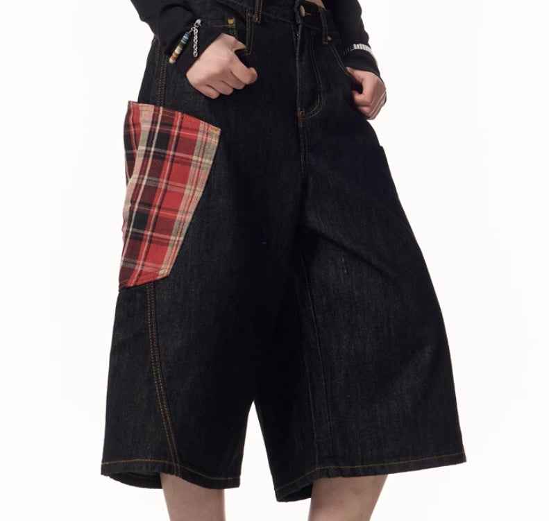 Plaid Patchwork Washed Radish Jeans For Women