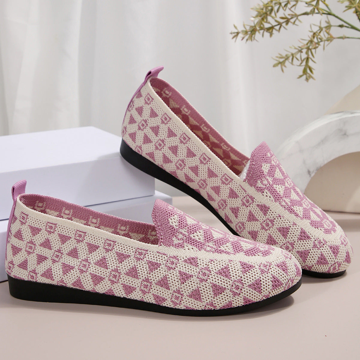 Printed Round Toe Flat Shoes Fashion Casual Hollow Breathable Knitted Shoes Loafers For Women - BabynBeauty
