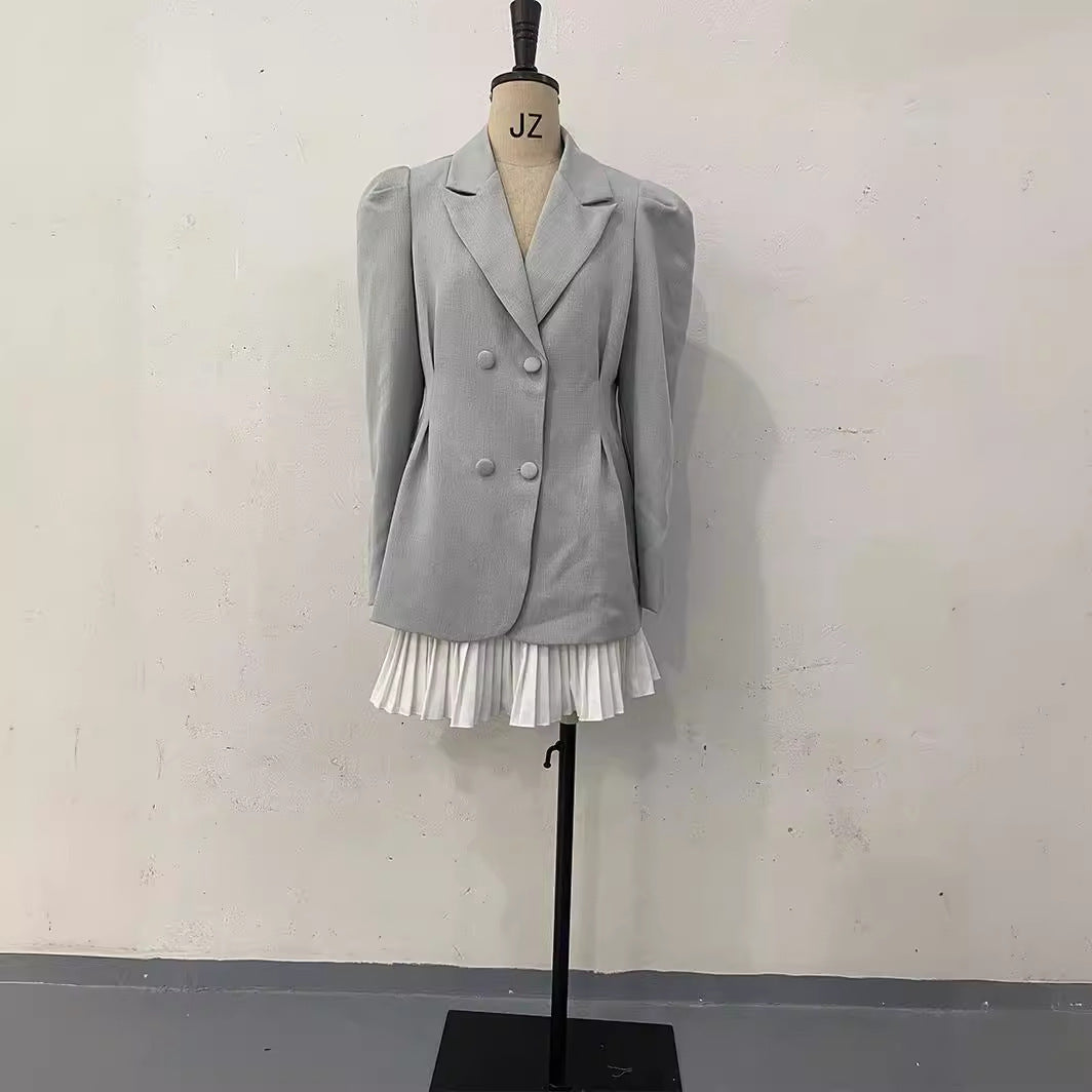 Breasted Puff Sleeve Suit Jacket And Skirt Suit