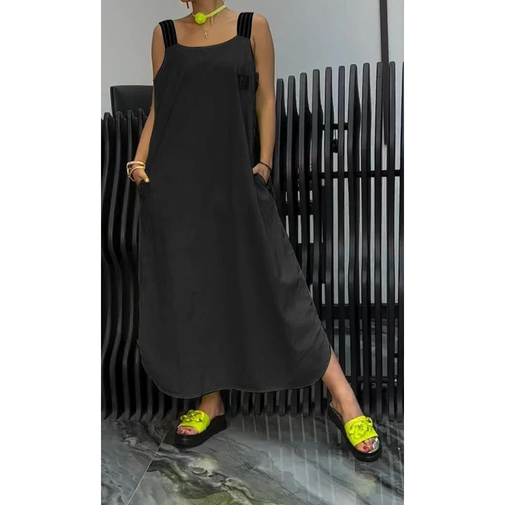 Casual Cotton And Linen Pocket Striped Shoulder Strap Skirt
