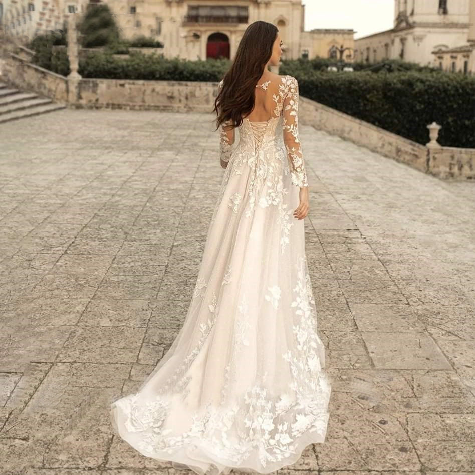 Long Sleeve Wedding Dress Mori Style Bridal Simple Round Neck - BabynBeauty
