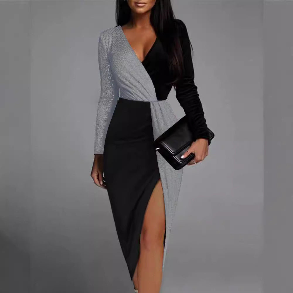 Women's Color Matching Ethnic Style High Waist Pure Color Long Dress