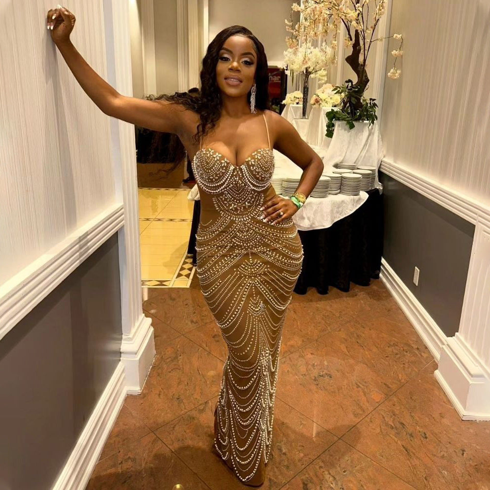 Sling Hot Drilling Foam Beads Evening Dress - BabynBeauty