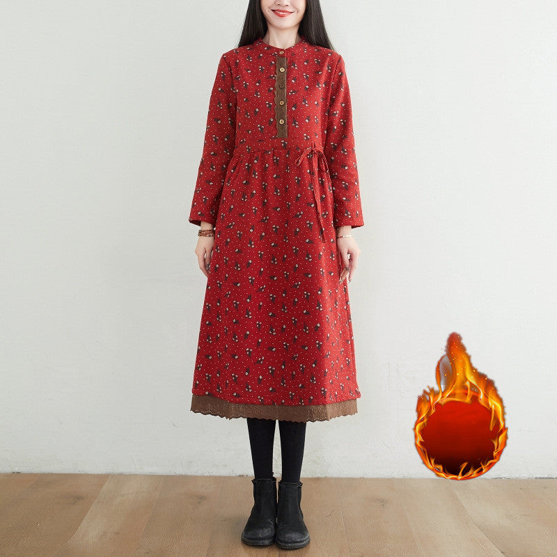 Ethnic Printed Plush Fitted Long Sleeve Dress