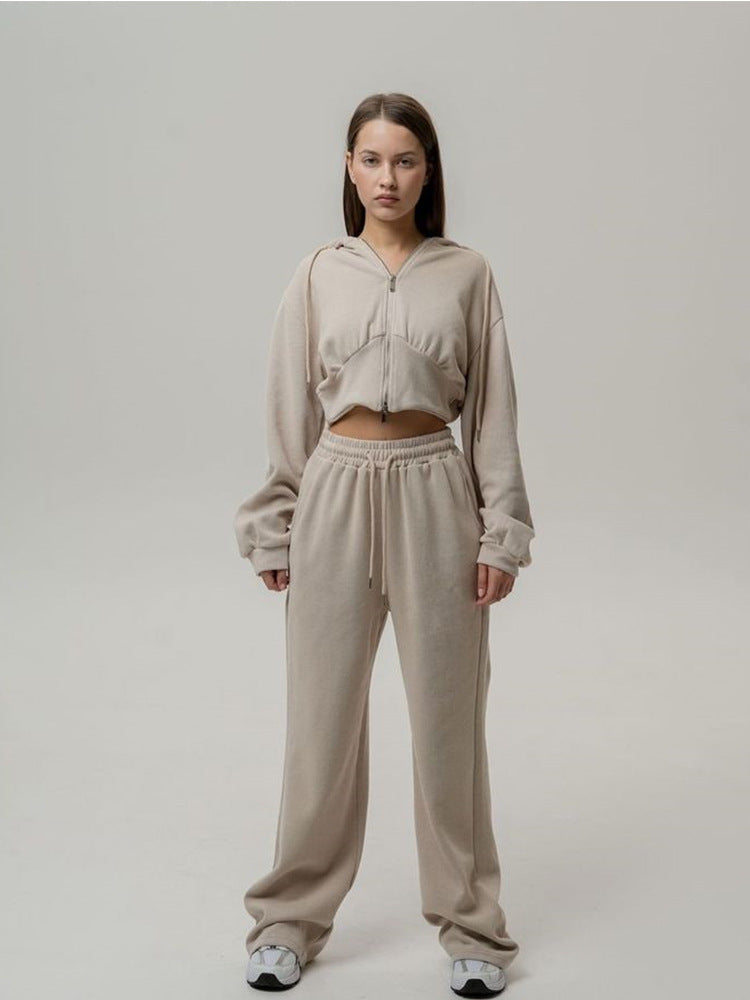 Long Sleeve Zipper Hooded Sweater Solid Color Laced Pants Two-piece Set