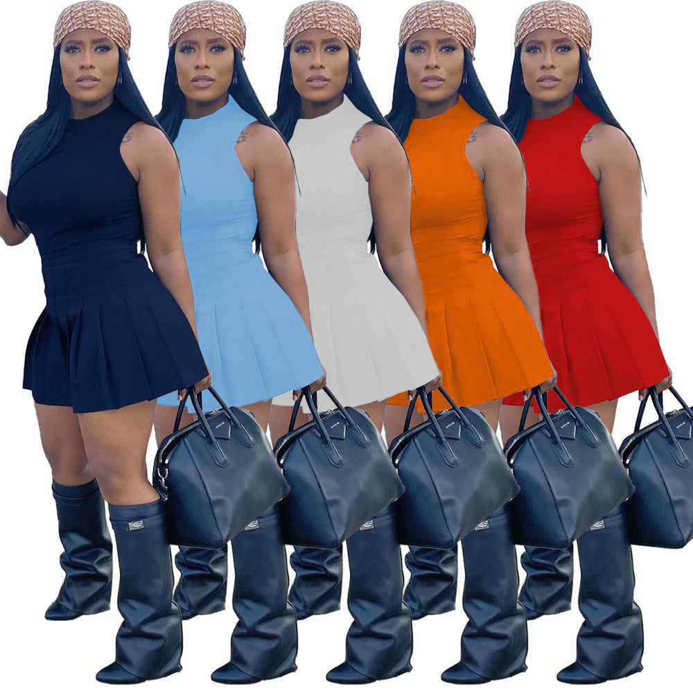 Fashion Casual Solid Color Round Neck Pleated Slim Vest Pants Group Sports Two-piece Set