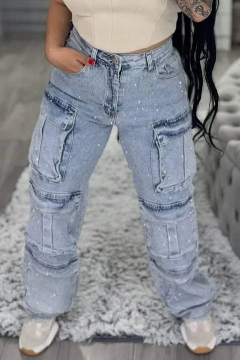 Women's Casual Jeans With Pockets And Diamonds Overalls - BabynBeauty