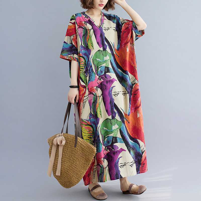 Cotton And Linen Printed Loose Plus Size Simple Vacation Style Long Dress For Women