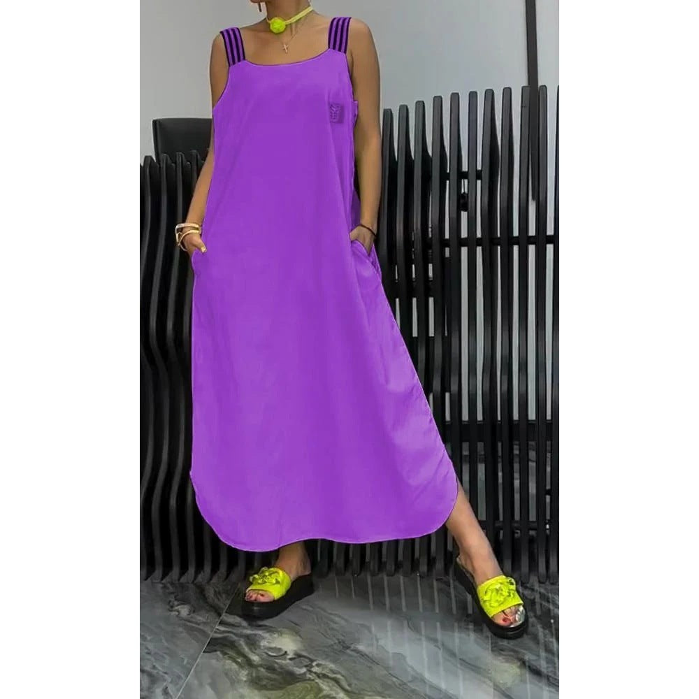 Casual Cotton And Linen Pocket Striped Shoulder Strap Skirt