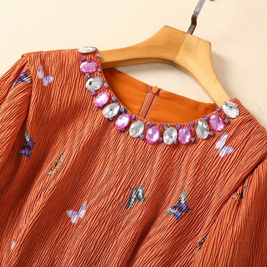 Crystal Round Neck Set Diamond Waist Butterfly Floral Long Sleeve Dress Women - BabynBeauty