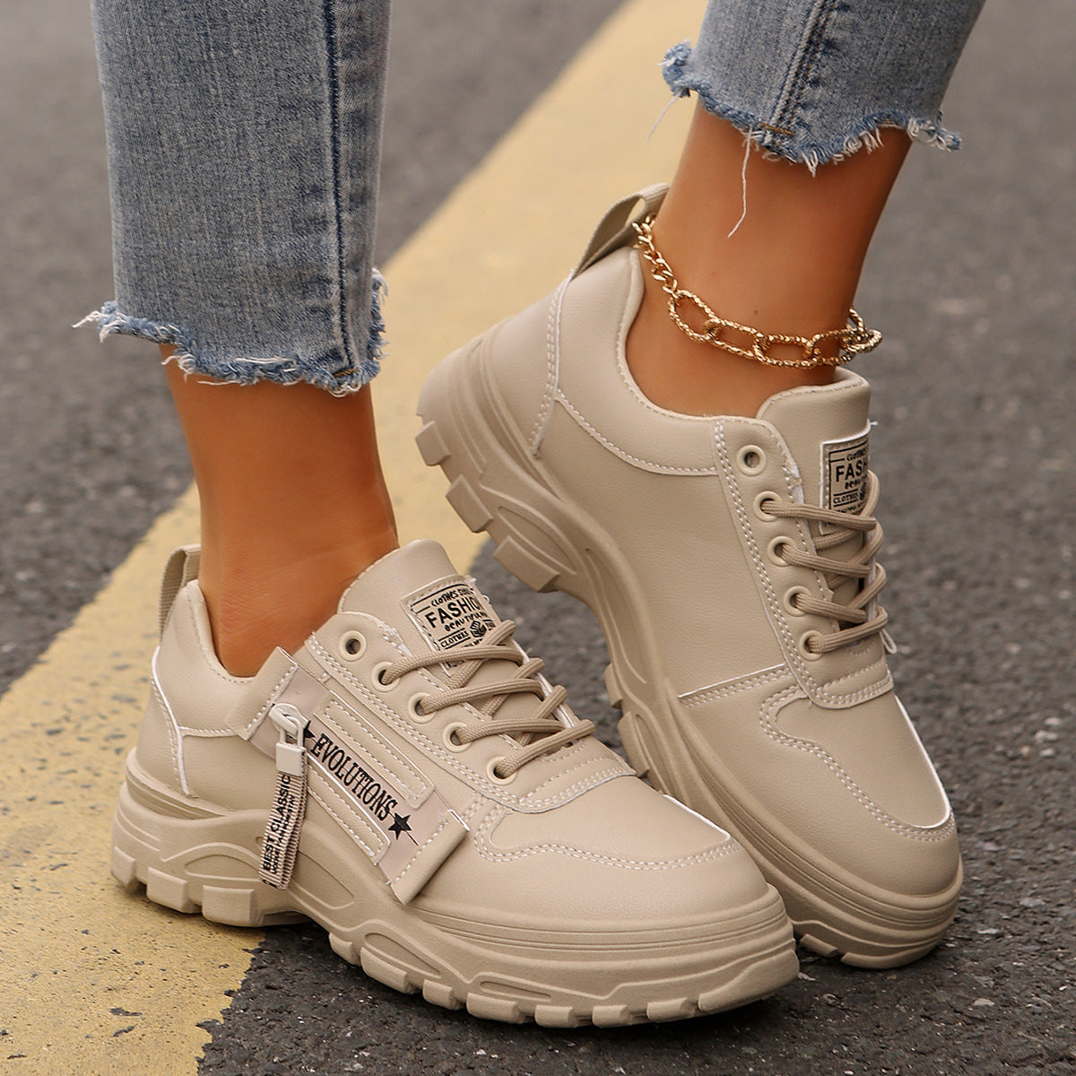 Lace-up Sports Shoes With Side-Zipper Design Fashion Thick-soled Round-toe Casual Shoes For Women Sneakers - BabynBeauty