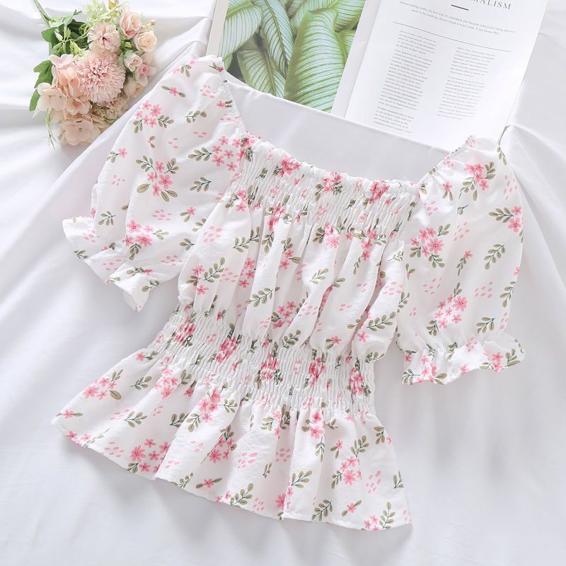 Korean Style Sweet Waist-tight Puff Sleeve Off-shoulder Square Short Sleeve