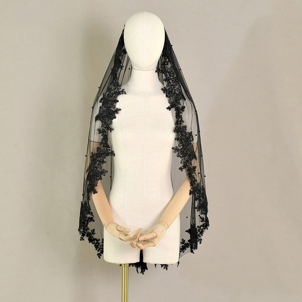 Exquisite Lace Black Veil Pearl Bridal Veil - BabynBeauty