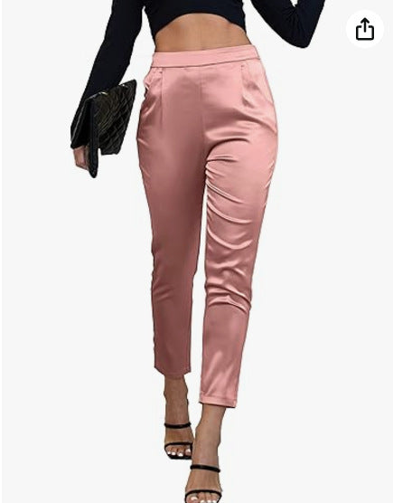 Women's Comfortable Pocket Straight High Waist Acetate Pants - BabynBeauty