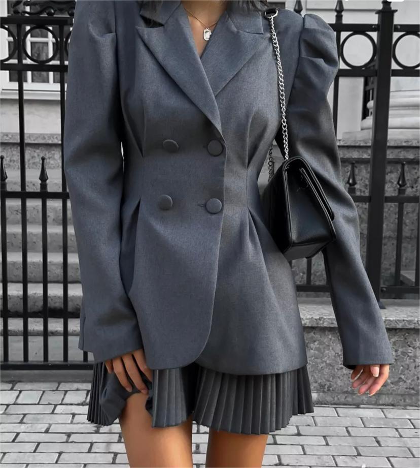 Breasted Puff Sleeve Suit Jacket And Skirt Suit