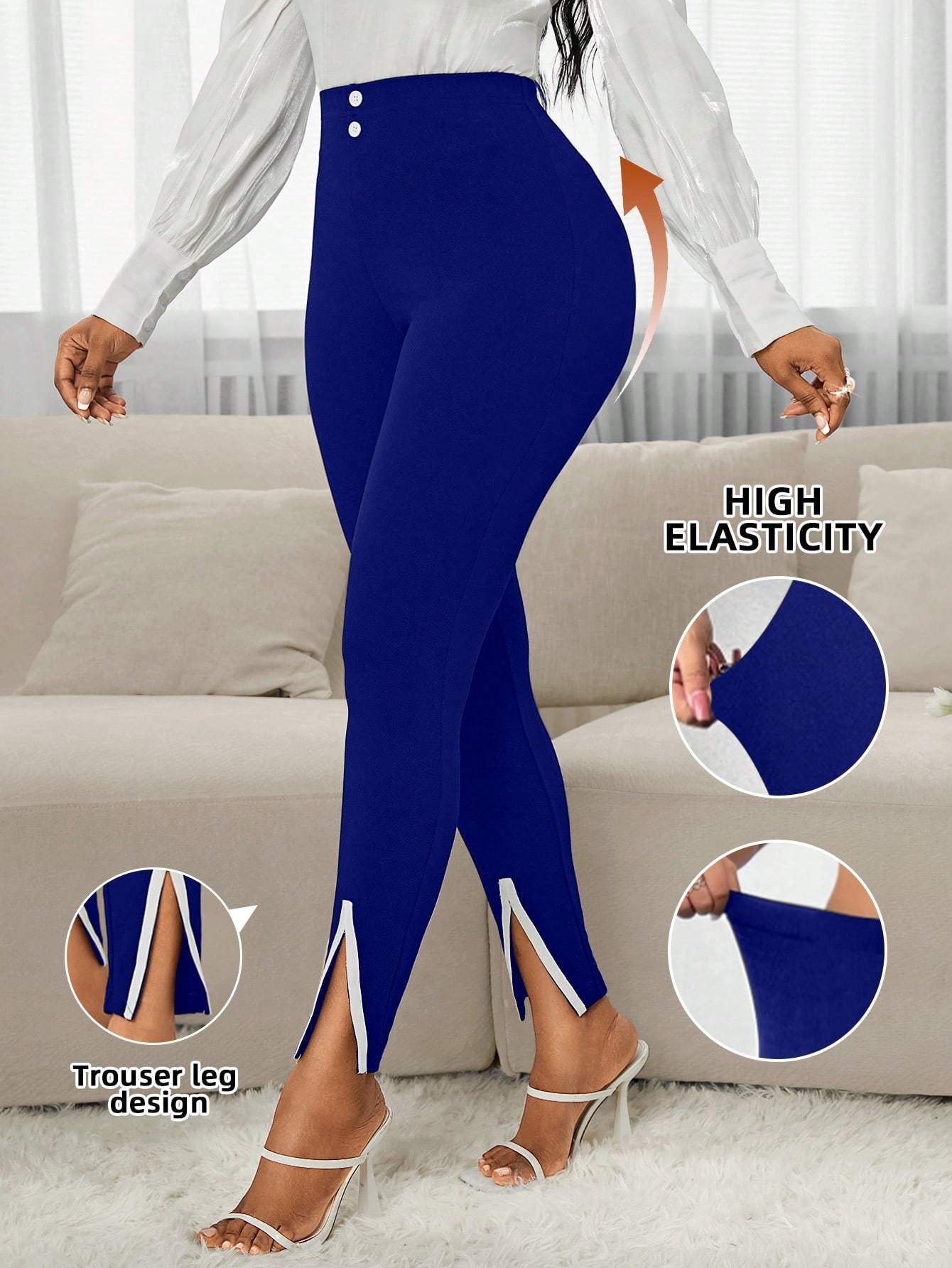 Women Elegant Contrast Color Split Hem Slim Fit Pants - BabynBeauty