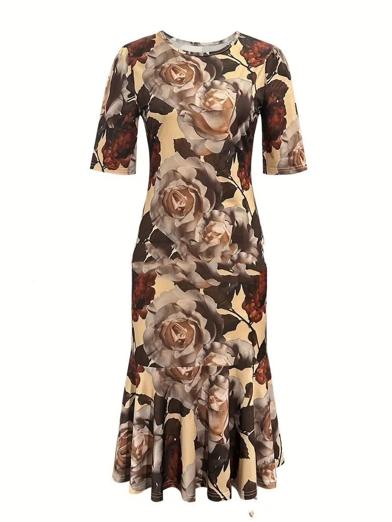 Waist Pleated Summer Knitted Round Neck Midi Dress