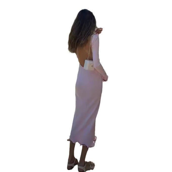 Backless Flared Sleeve Ruffled Skirt Knitted Dress Sexy Contrast Color
