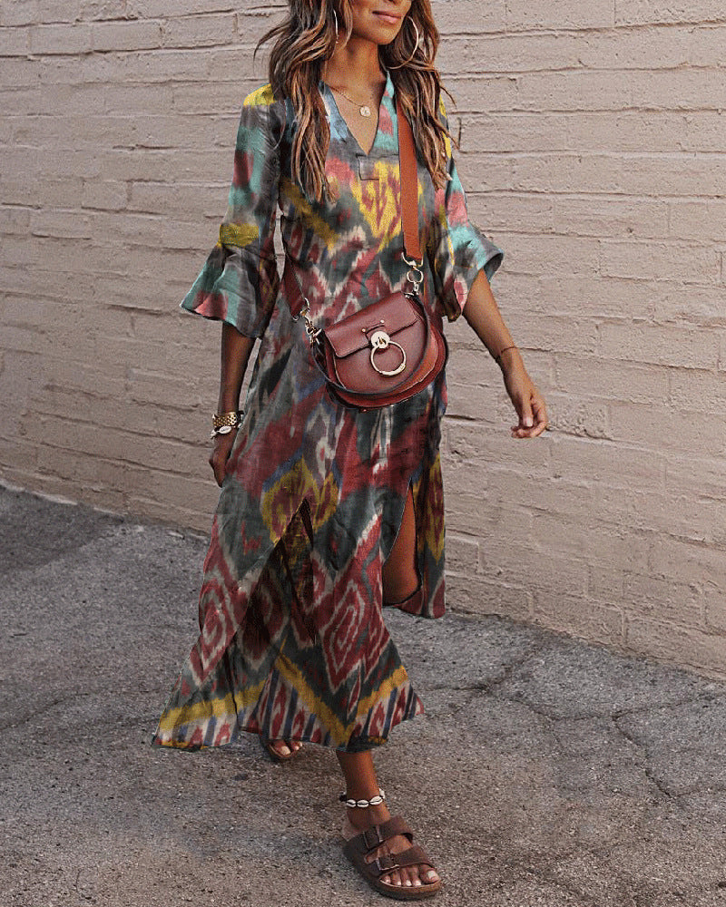 Women's Ethnic V-Neck Flared Sleeve Print Dress - BabynBeauty