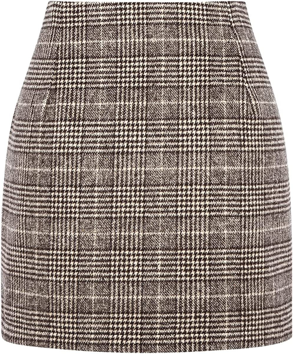 Women's High Waist Plaid Tight Pencil Wool Mini Skirt