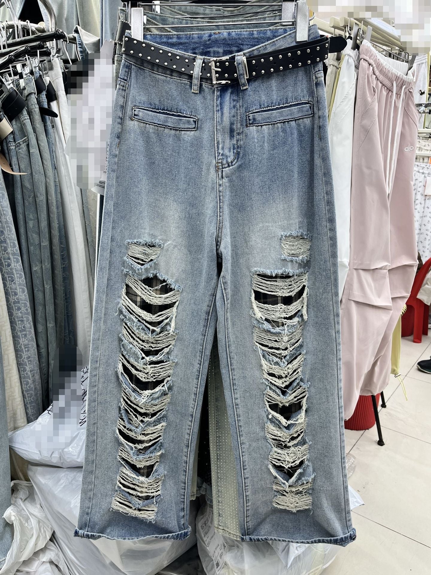 Blue With Holes Design Straight Jeans