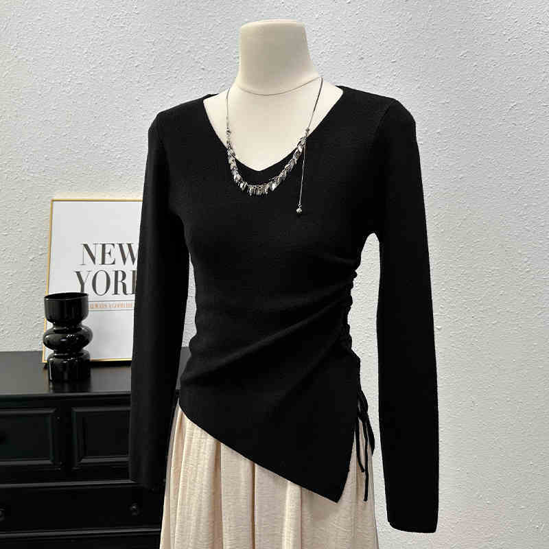 Knitted Long-sleeved T-shirt Women's Slim Bottoming Shirt Pleating Split Top