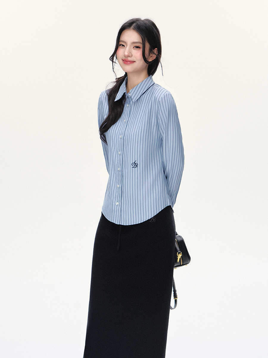 College Style Long Sleeve Shirt Waist-tight Simple Top