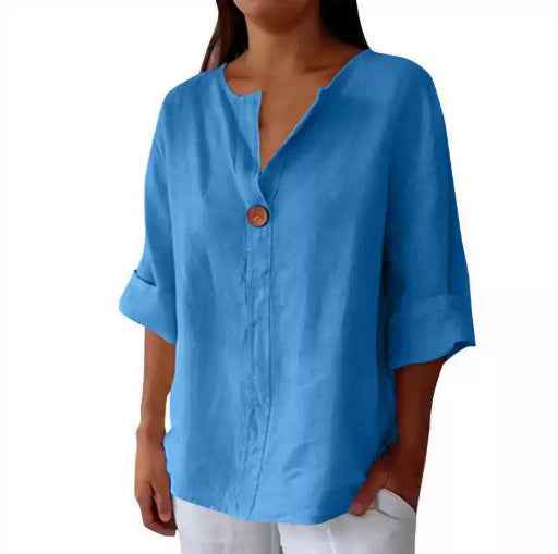 V-neck Long-sleeved T-shirt Fashion Loose Cotton And Linen Button Tops For Women
