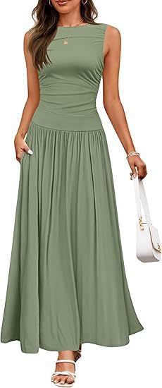 Women's Summer Sleeveless Maxi Dress Casual Round Neck Pleated Elegant Maxi Dress With Pockets