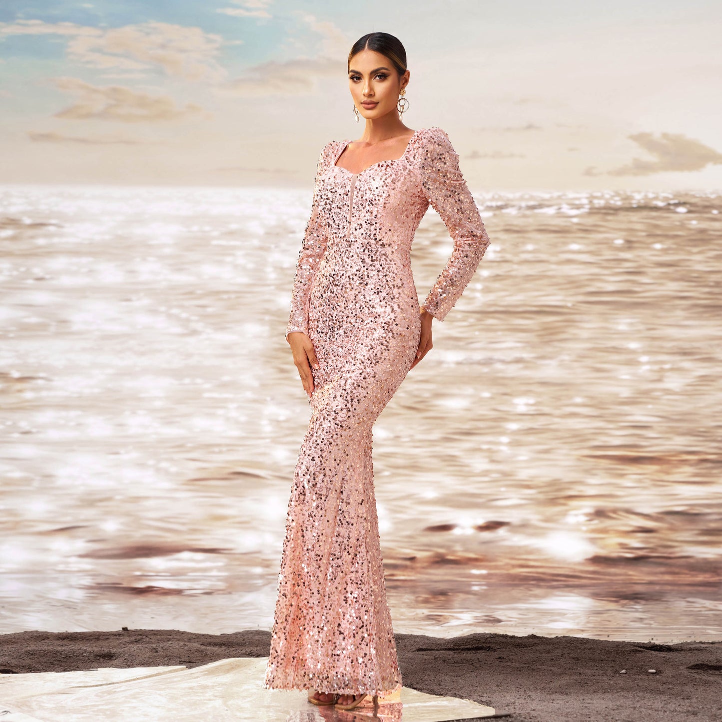 Long Sleeve Square-neck Sequined Sheath Fishtail Evening Dress - BabynBeauty