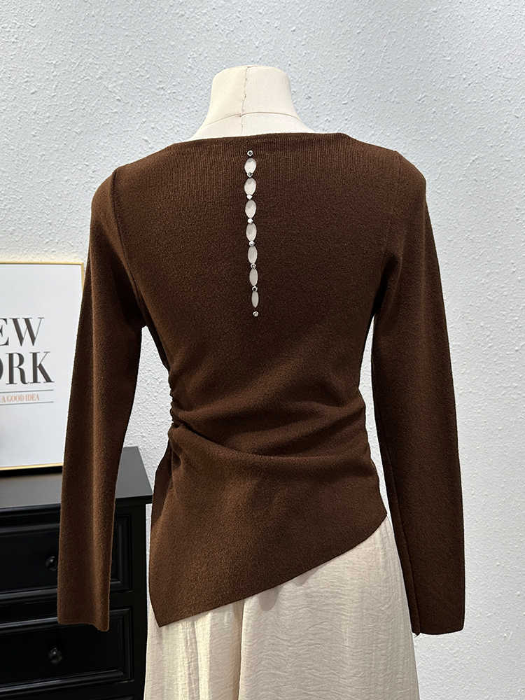 Knitted Long-sleeved T-shirt Women's Slim Bottoming Shirt Pleating Split Top