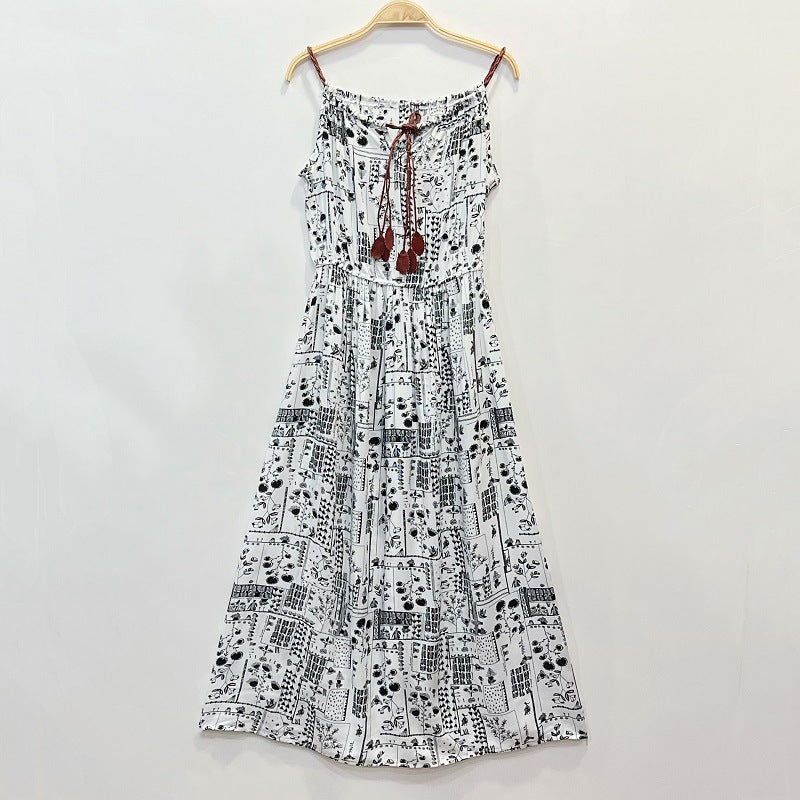 Ethnic Style Dress Women's Cotton Silk Belt Beach Dress With Suspenders