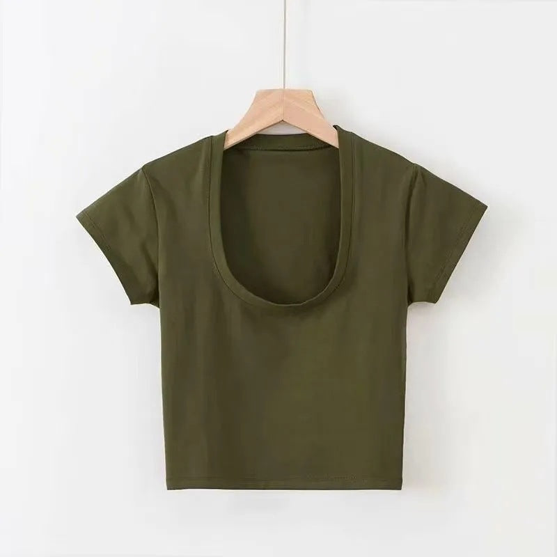 Summer Solid Color Slim-fit Sexy Women's Short Sleeve U-neck T-shirt Basic Korean Style Short Top - BabynBeauty