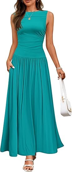 Women's Summer Sleeveless Maxi Dress Casual Round Neck Pleated Elegant Maxi Dress With Pockets