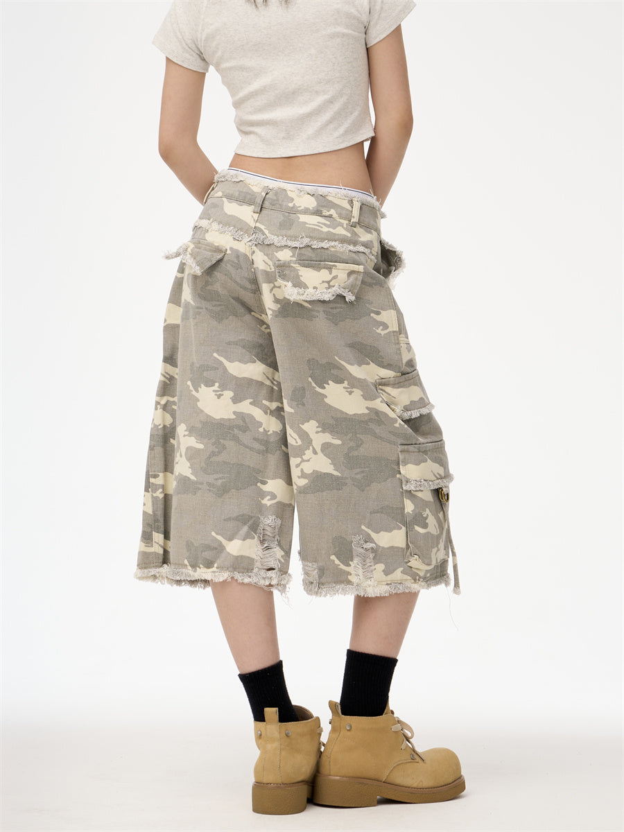 Retro Street Leopard Camouflage Workwear Denim Cropped Pants