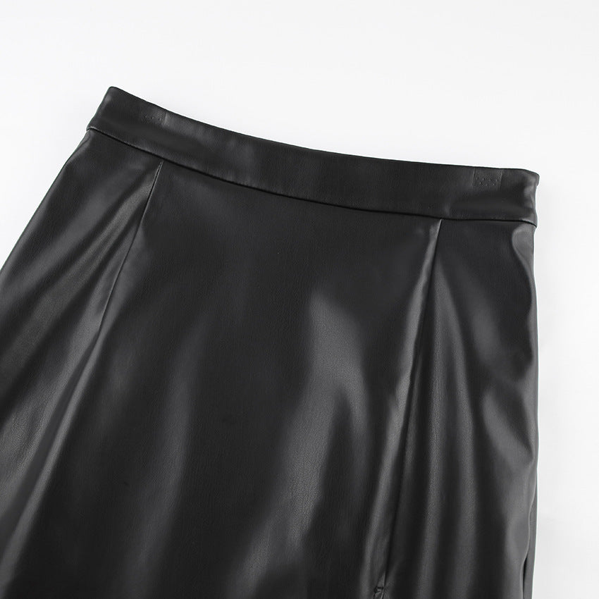 Slit Leather Sexy Mid Length Skirt High Waist Skirt - BabynBeauty