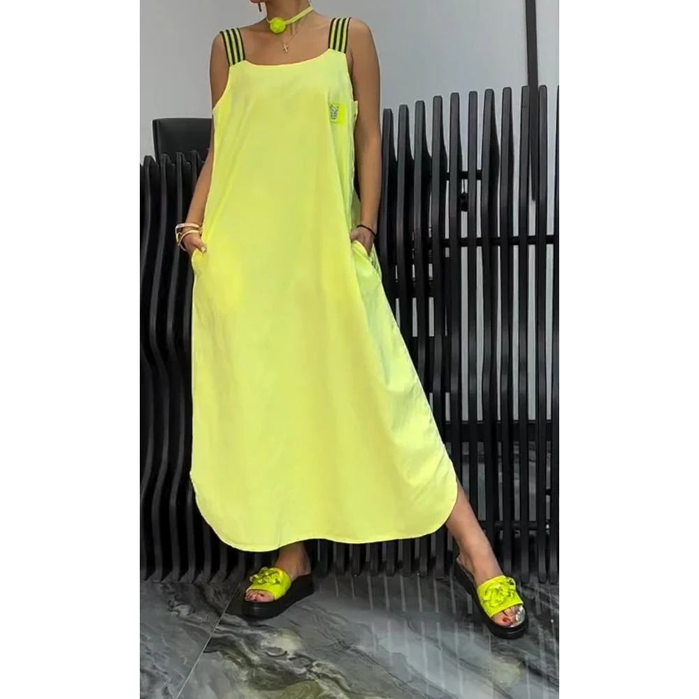 Casual Cotton And Linen Pocket Striped Shoulder Strap Skirt