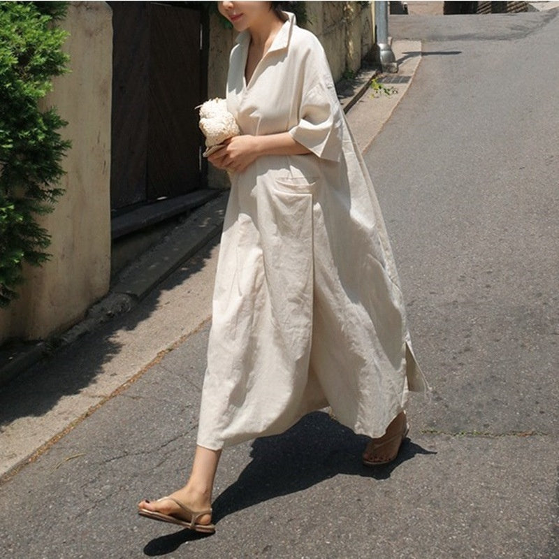 Overknee Long Korean Style Loose Linen Shirt Skirt