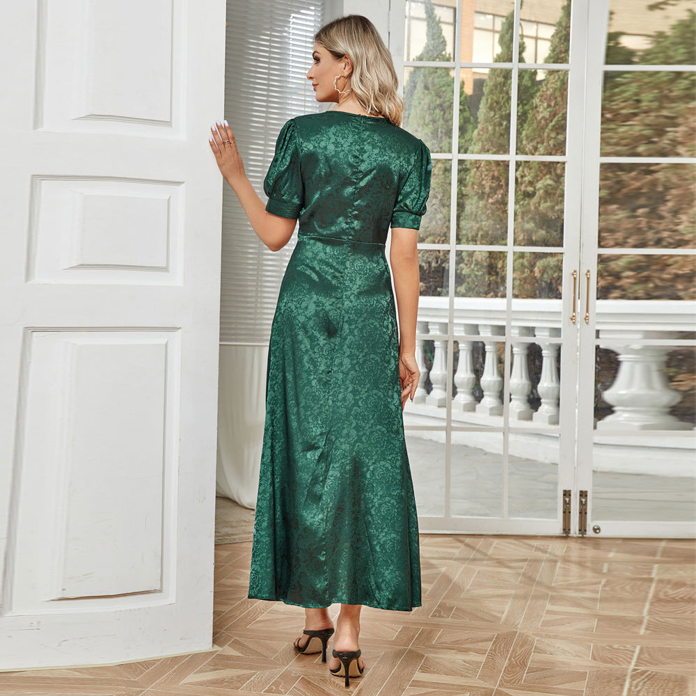 High Waist Pure Color V-neck Puff Sleeve Dress