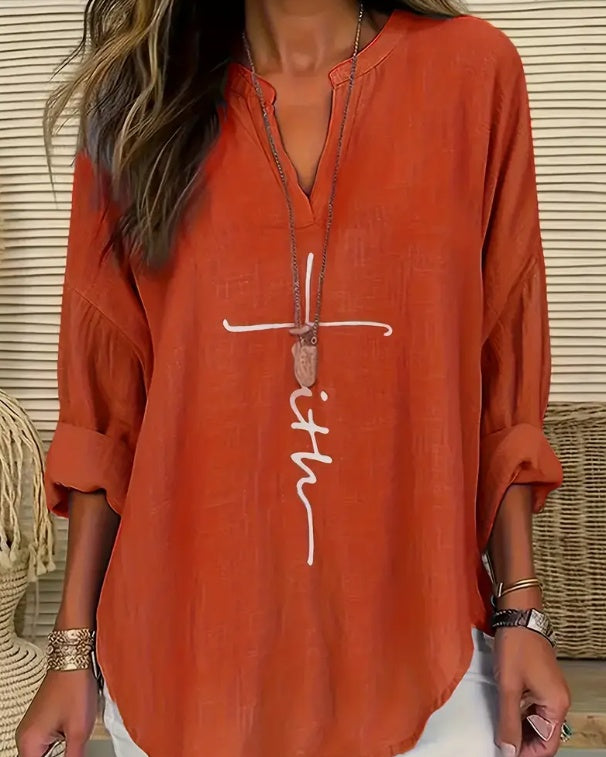 Women'S V-Neck Long Sleeve Shirt With Letter Print