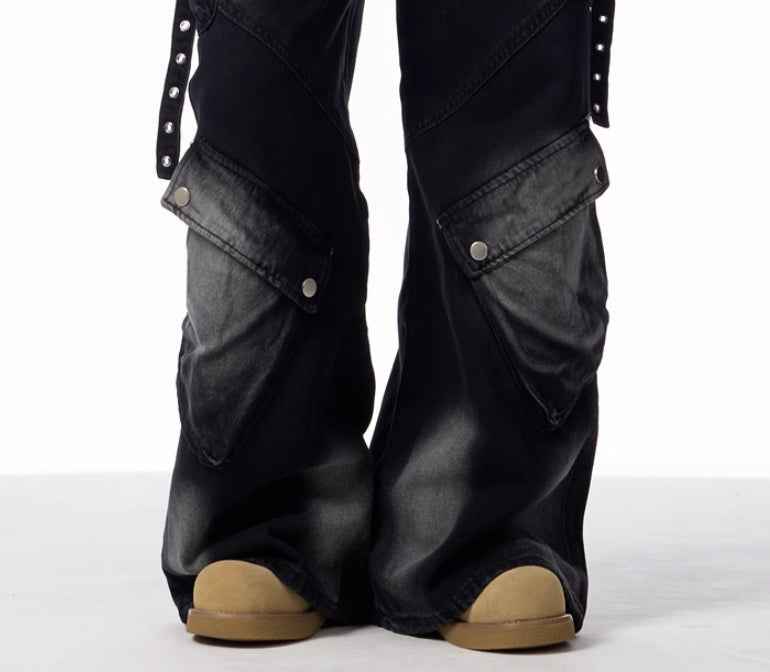 Women's Black And Gray Distressed Wide-leg Pants