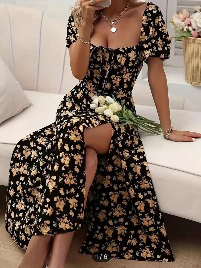 Floral Print Short Sleeve Split Dress Summer Fashion Lace-up Beach Long Dresses Women's Clothing - BabynBeauty