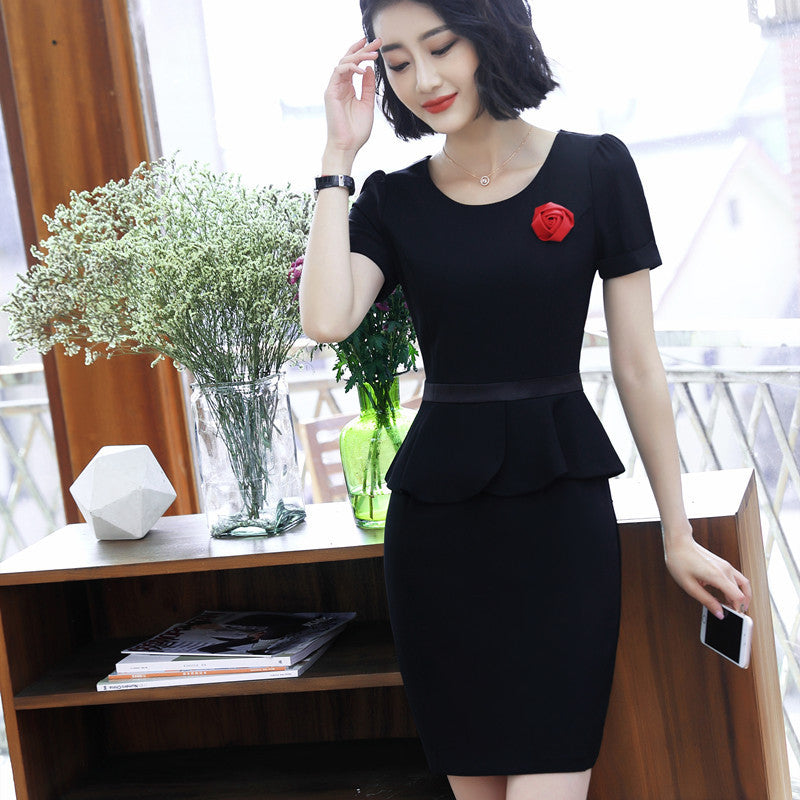Fake Two Pieces Business Dress Short Sleeve Beautician Hotel Jewelry Shop Workwear