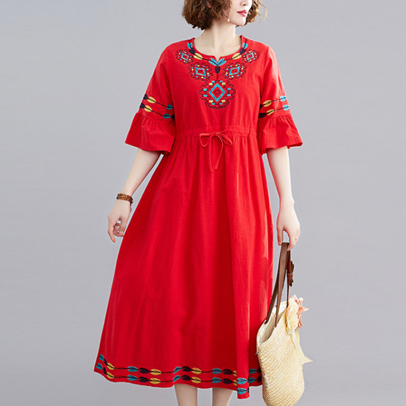Ethnic Style Women's Short-sleeved Cotton And Linen Embroidered Dress - BabynBeauty