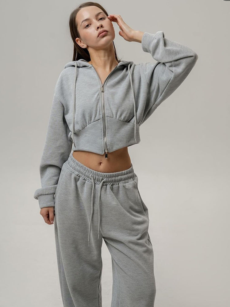 Long Sleeve Zipper Hooded Sweater Solid Color Laced Pants Two-piece Set