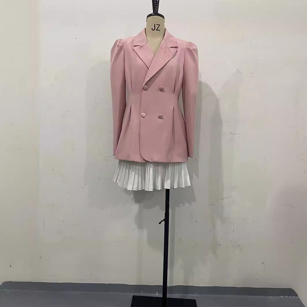 Breasted Puff Sleeve Suit Jacket And Skirt Suit