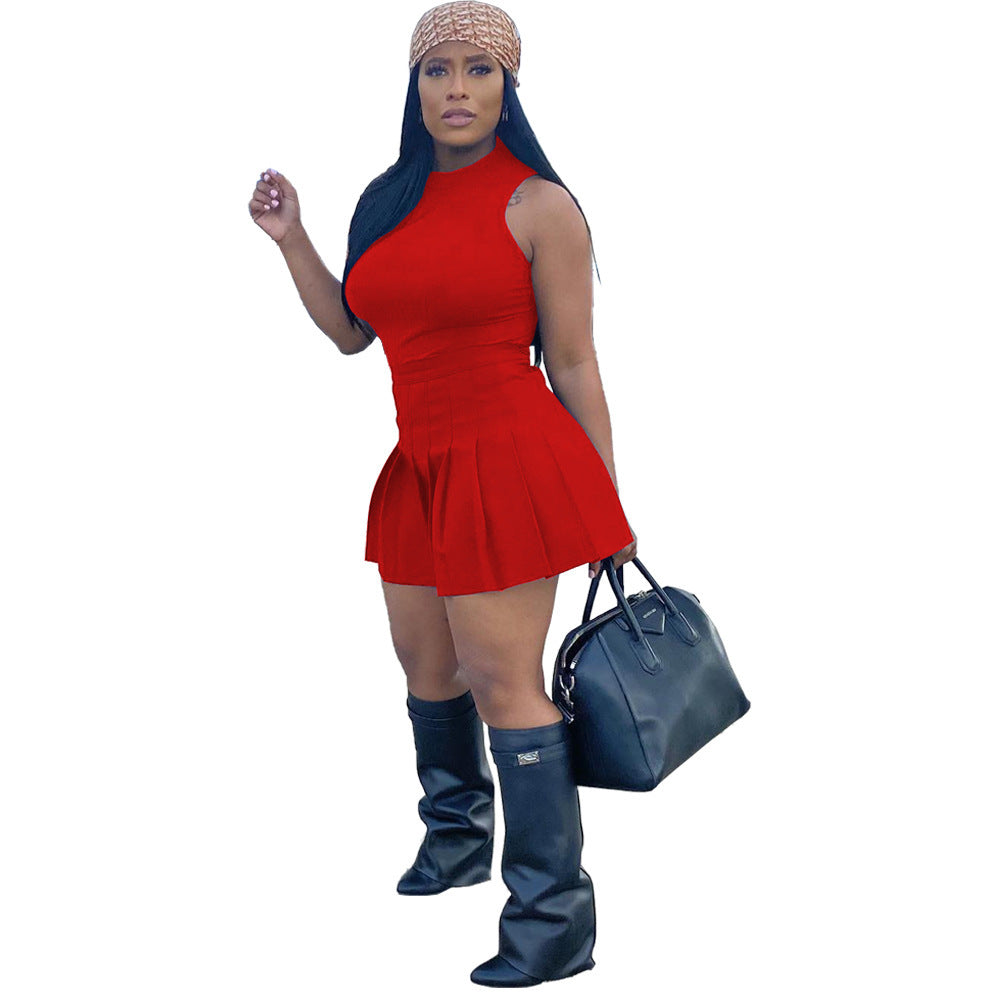 Fashion Casual Solid Color Round Neck Pleated Slim Vest Pants Group Sports Two-piece Set