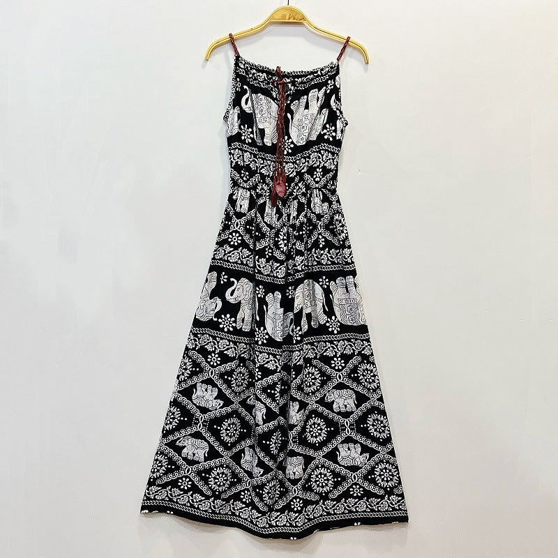 Ethnic Style Dress Women's Cotton Silk Belt Beach Dress With Suspenders