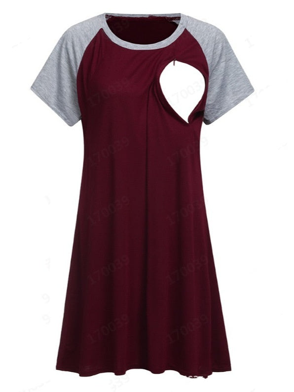 Maternity Clothes Round Neck Short Sleeve Nursing Opening Dress Pajamas - BabynBeauty